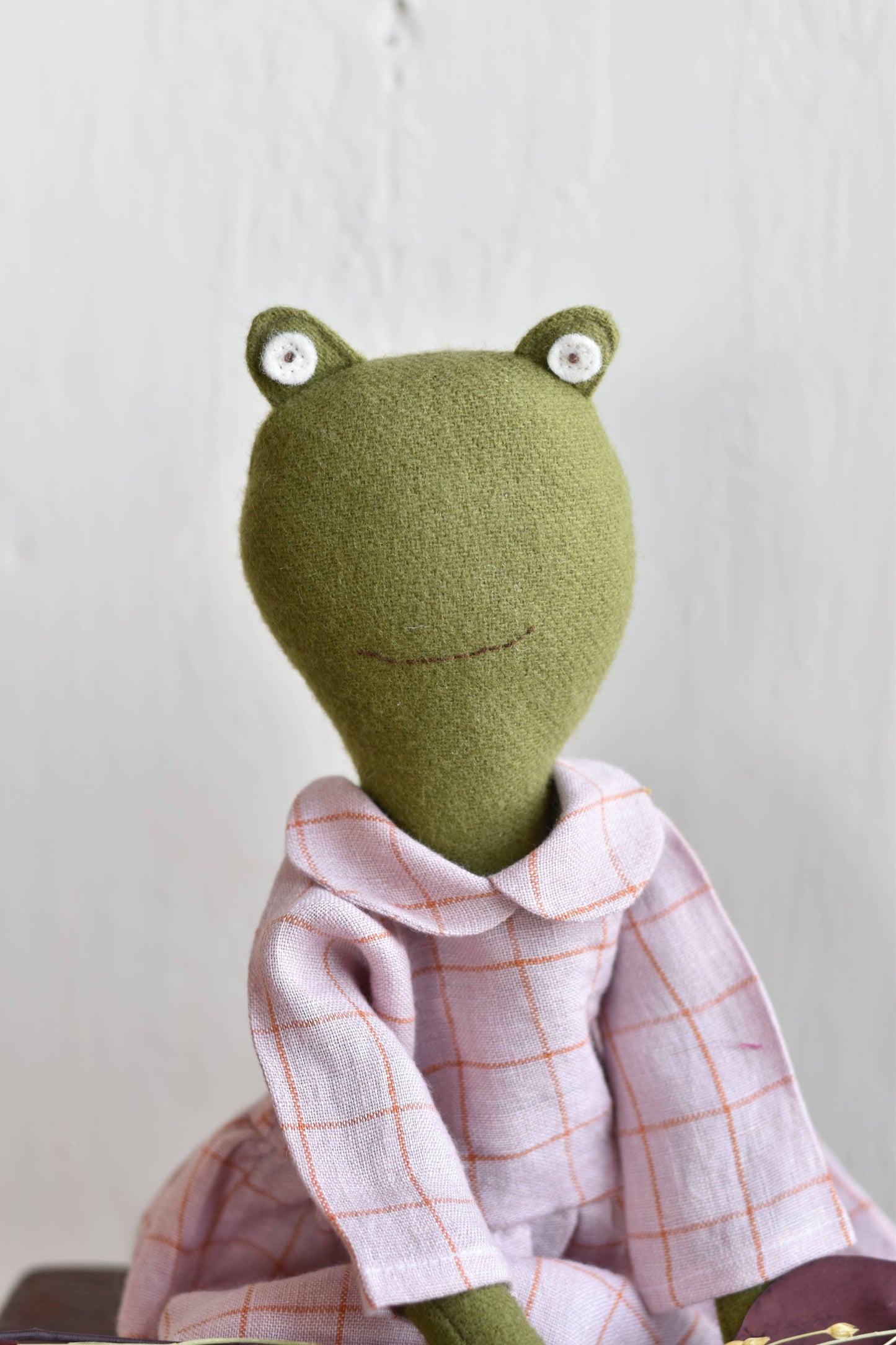 Fern the Frog — Heirloom Wool Doll in Linen Gather Dress