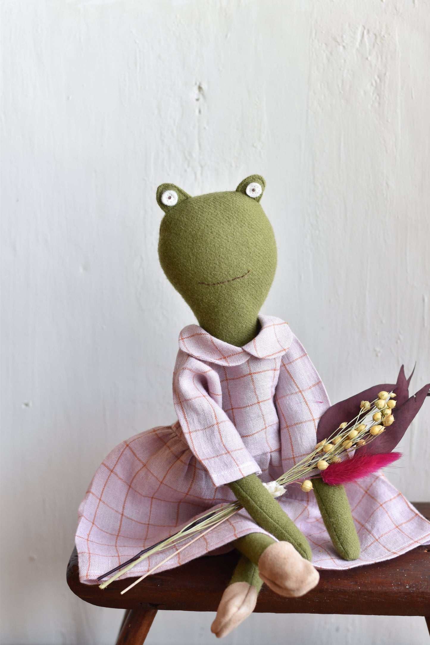 Fern the Frog — Heirloom Wool Doll in Linen Gather Dress
