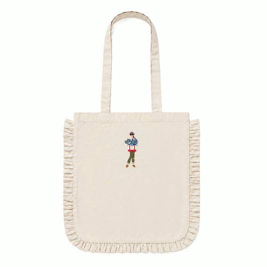 Embroidered Ruffle Edge Tote Bag - Hydrangea