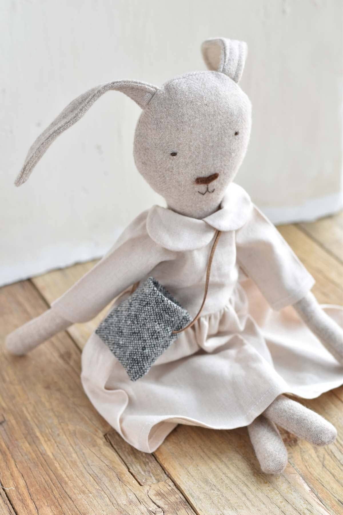 Ruthie the Rabbit — Heirloom Wool Doll in Linen Gather Dress