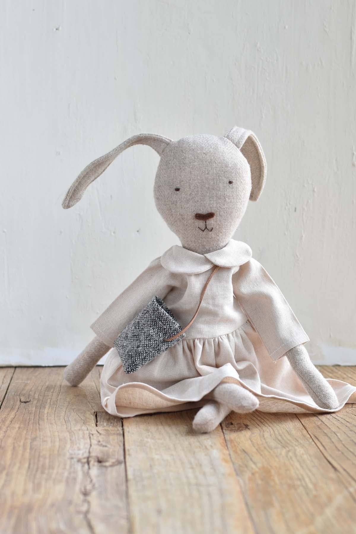 Ruthie the Rabbit — Heirloom Wool Doll in Linen Gather Dress