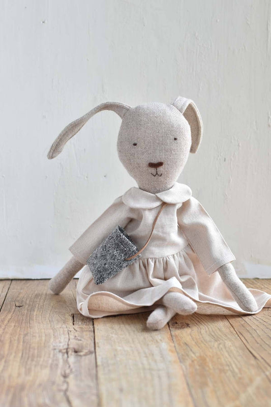 Ruthie the Rabbit — Heirloom Wool Doll in Linen Gather Dress