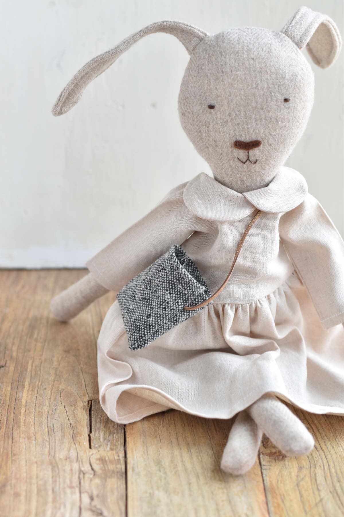Ruthie the Rabbit — Heirloom Wool Doll in Linen Gather Dress